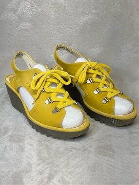 Fly London YFLA Cupido Wedge Sandals Sz 38 Mustard Yellow 7.5 - 8